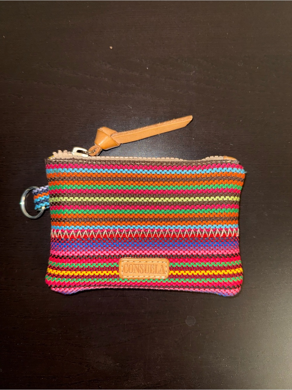 Consuela Multicolor Striped Wristlet with Tan Leather Pull